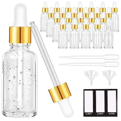 24 Pack 2 Oz Glass Eye Dropper Bottles Clear  60 ml Empty Tincture Dropper Bottle with droppers  1 Extra Cap  2 Plastic Funnels  2 Pipettes & 48 stickers for DIY Essential Oils  Body Oil  Beauty Oil